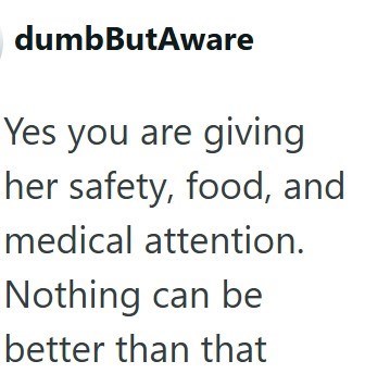 dumbButAware Yes you are giving her safety, food, and medical attention. Nothing can be better than that