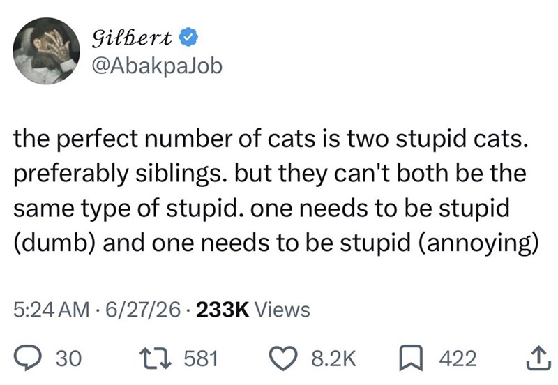 Gilbert ❤ @AbakpaJob the perfect number of cats is two stupid cats. preferably siblings. but they can't both be the same type of stupid. one needs to be stupid (dumb) and one needs to be stupid (annoying) 5:24 AM 6/27/26 233K Views 30 17581 8.2K 422