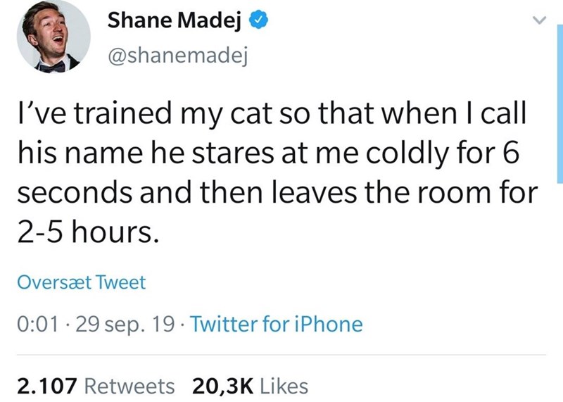 Shane Madej ✪ @shanemadej I've trained my cat so that when I call his name he stares at me coldly for 6 seconds and then leaves the room for 2-5 hours. Oversæt Tweet 0:01 29 sep. 19. Twitter for iPhone 2.107 Retweets 20,3K Likes