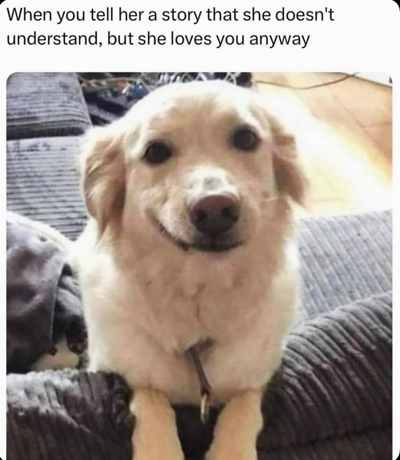 When you tell her a story that she doesn't understand, but she loves you anyway
