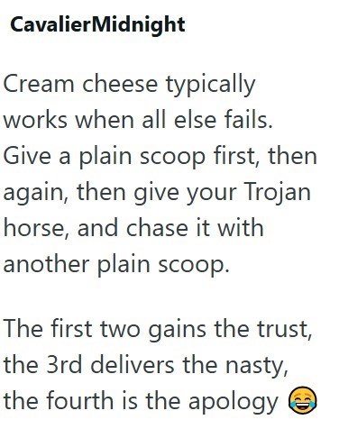 Cavalier Midnight Cream cheese typically works when all else fails. Give a plain scoop first, then again, then give your Trojan horse, and chase it with another plain scoop. The first two gains the trust, the 3rd delivers the nasty, the fourth is the apology