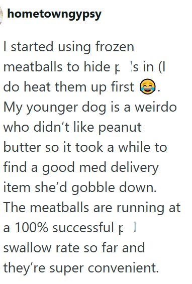 hometowngypsy I started using frozen meatballs to hide p is in (I do heat them up first ②. My younger dog is a weirdo who didn't like peanut butter so it took a while to find a good med delivery item she'd gobble down. The meatballs are running at a 100% successful pl swallow rate so far and they're super convenient.