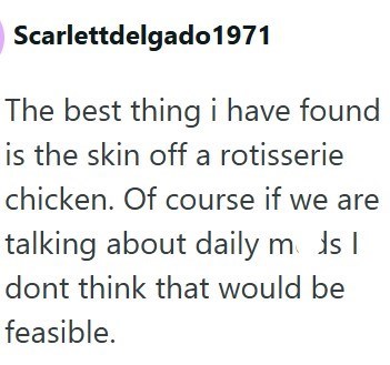 Scarlettdelgado1971 The best thing i have found is the skin off a rotisserie chicken. Of course if we are talking about daily mods I dont think that would be feasible.