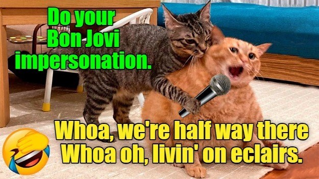 Do your Bon-Jovi impersonation. Whoa, we're half way there Whoa oh, livin' on eclairs.