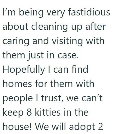 I'm being very fastidious about cleaning up after caring and visiting with them just in case. Hopefully I can find homes for them with people I trust, we can't keep 8 kitties in the house! We will adopt 2