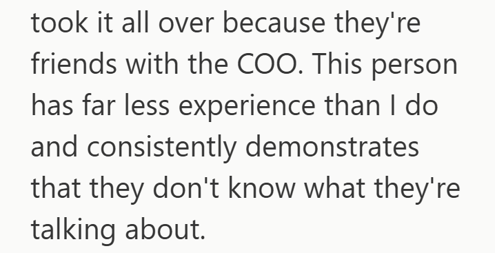 took it all over because they're friends with the COO. This person has far less experience than I do and consistently demonstrates that they don't know what they're talking about.