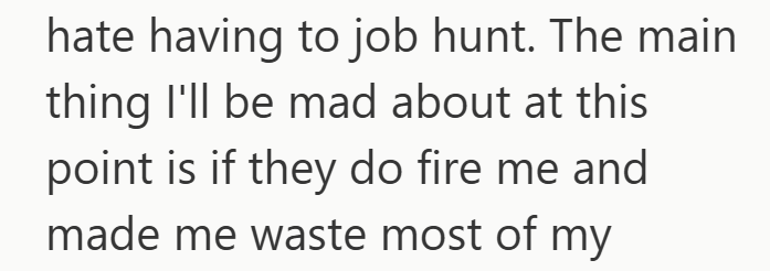hate having to job hunt. The main thing I'll be mad about at this point is if they do fire me and made me waste most of my