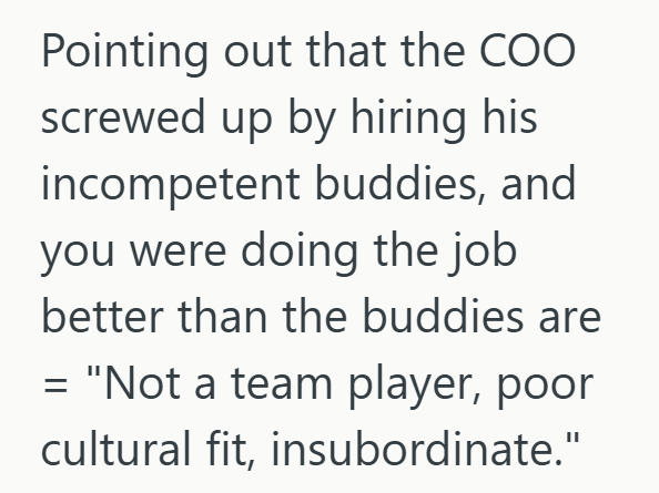 Pointing out that the COO screwed up by hiring his incompetent buddies, and you were doing the job better than the buddies are = "Not a team player, poor cultural fit, insubordinate."