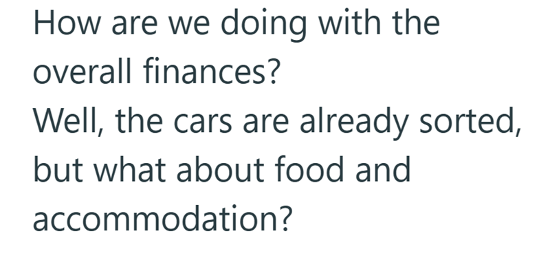 How are we doing with the overall finances? Well, the cars are already sorted, but what about food and accommodation?