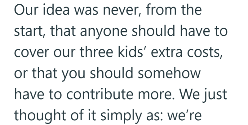 Our idea was never, from the start, that anyone should have to cover our three kids' extra costs, or that you should somehow. have to contribute more. We just thought of it simply as: we're