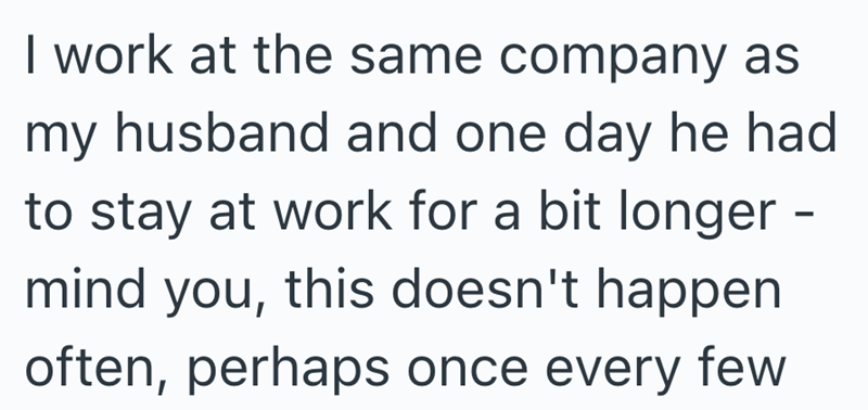 I work at the same company as my husband and one day he had to stay at work for a bit longer - mind you, this doesn't happen often, perhaps once every few
