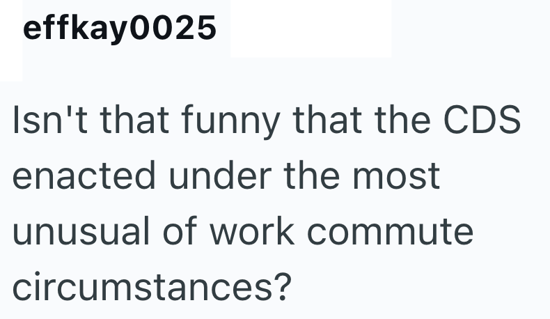 effkay0025 Isn't that funny that the CDS enacted under the most unusual of work commute circumstances?