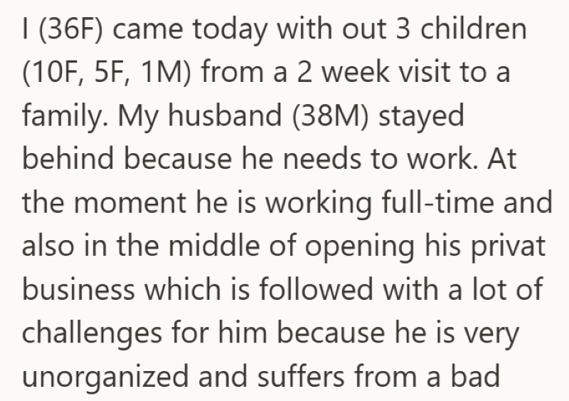 1 (36F) came today with out 3 children (10F, 5F, 1M) from a 2 week visit to a family. My husband (38M) stayed behind because he needs to work. At the moment he is working full-time and also in the middle of opening his privat business which is followed with a lot of challenges for him because he is very unorganized and suffers from a bad