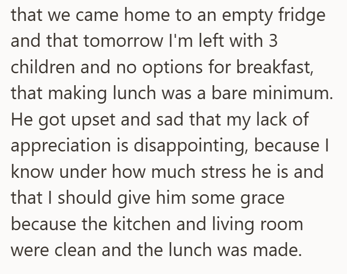 that we came home to an empty fridge and that tomorrow I'm left with 3 children and no options for breakfast, that making lunch was a bare minimum. He got upset and sad that my lack of appreciation is disappointing, because | know under how much stress he is and that I should give him some grace because the kitchen and living room were clean and the lunch was made.