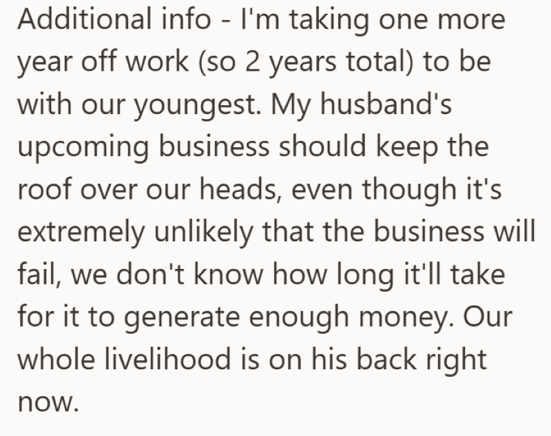 Additional info - I'm taking one more year off work (so 2 years total) to be with our youngest. My husband's upcoming business should keep the roof over our heads, even though it's extremely unlikely that the business will fail, we don't know how long it'll take for it to generate enough money. Our whole livelihood is on his back right now.