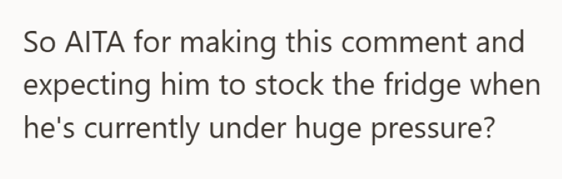 So AITA for making this comment and expecting him to stock the fridge when he's currently under huge pressure?