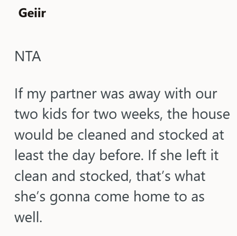 Geiir NTA If my partner was away with our two kids for two weeks, the house would be cleaned and stocked at least the day before. If she left it clean and stocked, that's what she's gonna come home to as well.