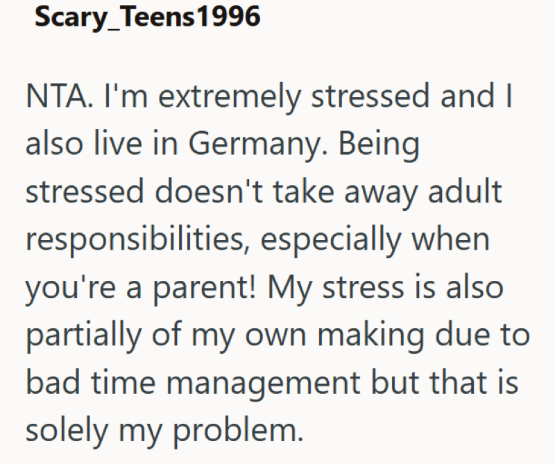 Scary Teens1996 NTA. I'm extremely stressed and I also live in Germany. Being stressed doesn't take away adult responsibilities, especially when you're a parent! My stress is also partially of my own making due to bad time management but that is solely my problem.