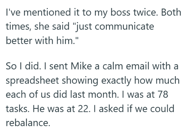 I've mentioned it to my boss twice. Both times, she said "just communicate better with him." So I did. I sent Mike a calm email with a spreadsheet showing exactly how much each of us did last month. I was at 78 tasks. He was at 22. I asked if we could rebalance.