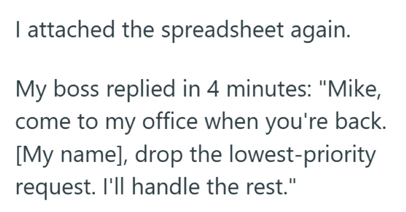 I attached the spreadsheet again. My boss replied in 4 minutes: "Mike, come to my office when you're back. [My name], drop the lowest-priority request. I'll handle the rest."