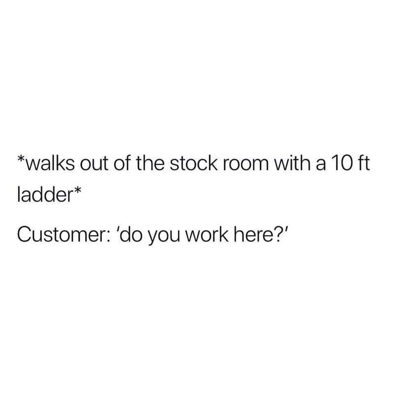*walks out of the stock room with a 10 ft ladder* Customer: 'do you work here?'