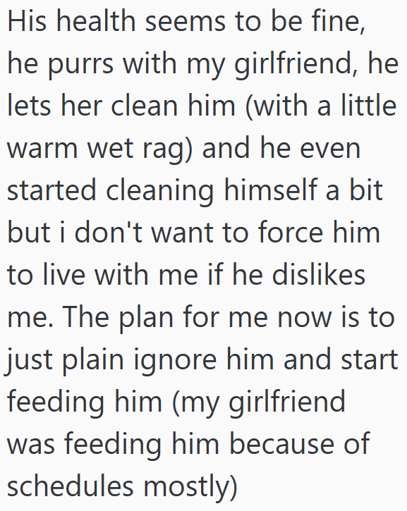 His health seems to be fine, he purrs with my girlfriend, he lets her clean him (with a little warm wet rag) and he even started cleaning himself a bit but i don't want to force him to live with me if he dislikes me. The plan for me now is to just plain ignore him and start feeding him (my girlfriend was feeding him because of schedules mostly)