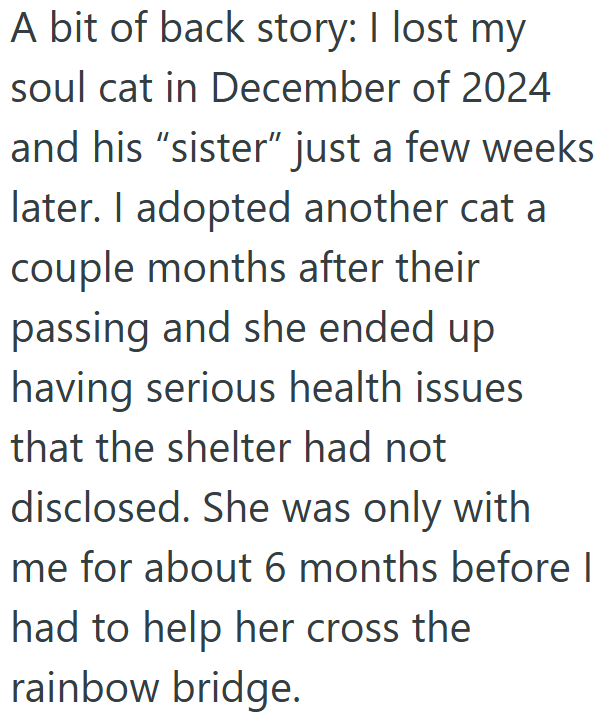 A bit of back story: I lost my soul cat in December of 2024 and his "sister" just a few weeks later. I adopted another cat a couple months after their passing and she ended up having serious health issues that the shelter had not disclosed. She was only with me for about 6 months before I had to help her cross the rainbow bridge.