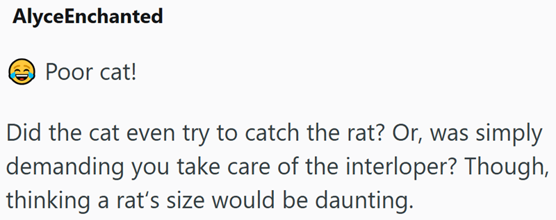 AlyceEnchanted Poor cat! Did the cat even try to catch the rat? Or, was simply demanding you take care of the interloper? Though, thinking a rat's size would be daunting.