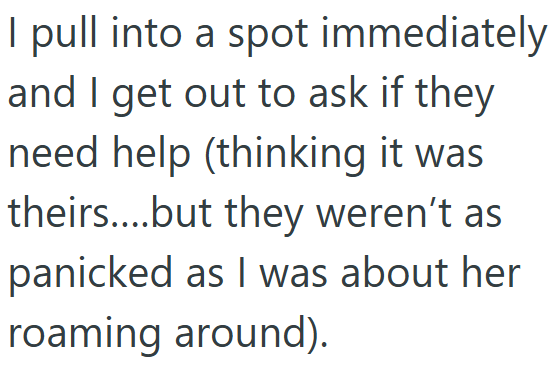 I pull into a spot immediately and I get out to ask if they need help (thinking it was theirs....but they weren't as panicked as I was about her roaming around).
