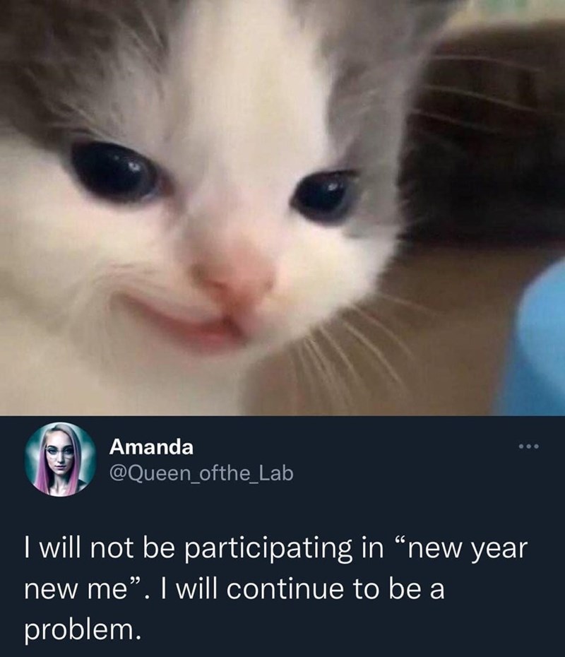 Amanda @Queen_ofthe_Lab I will not be participating in "new year new me". I will continue to be a problem.