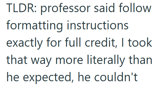 TLDR: professor said follow formatting instructions exactly for full credit, I took that way more literally than he expected, he couldn't
