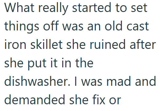 What really started to set things off was an old cast iron skillet she ruined after she put it in the dishwasher. I was mad and demanded she fix or