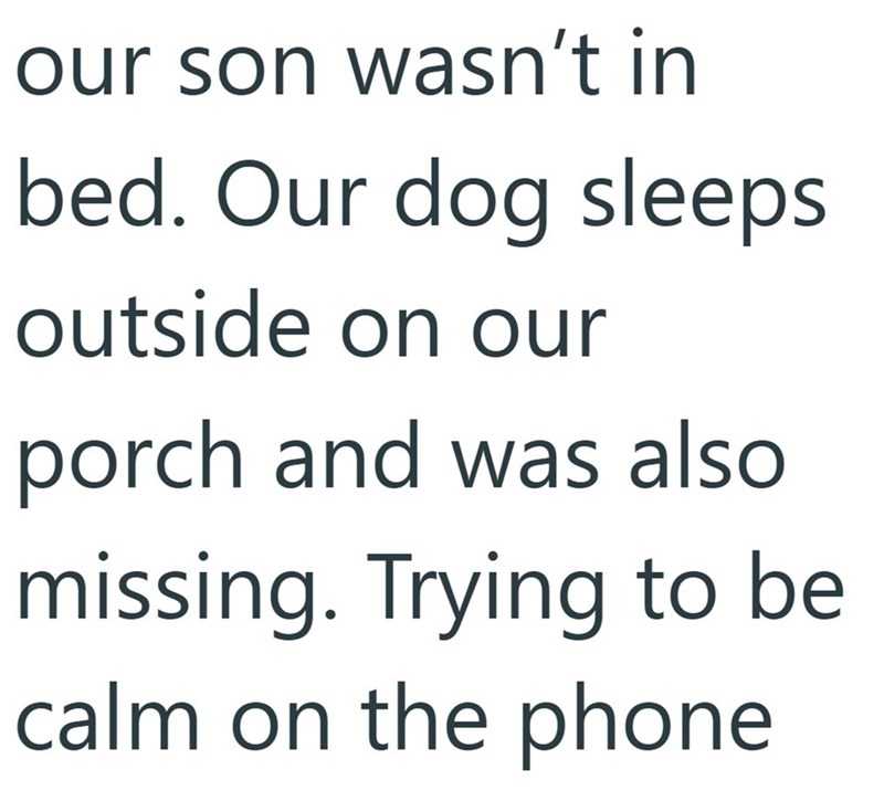 our son wasn't in bed. Our dog sleeps outside on our porch and was also missing. Trying to be calm on the phone