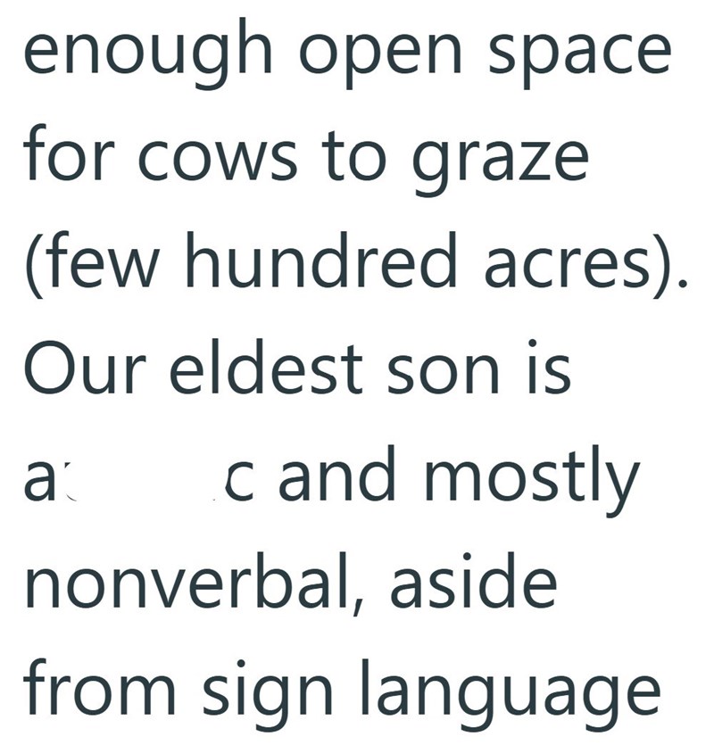 enough open space for cows to graze (few hundred acres). Our eldest son is a c and mostly nonverbal, aside from sign language