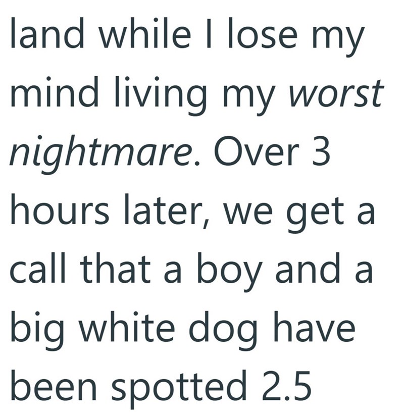 land while I lose my mind living my worst nightmare. Over 3 hours later, we get a call that a boy and a big white dog have been spotted 2.5