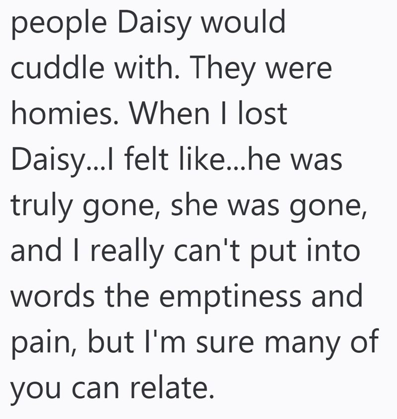 people Daisy would cuddle with. They were homies. When I lost Daisy...I felt like...he was truly gone, she was gone, and I really can't put into words the emptiness and pain, but I'm sure many of you can relate.