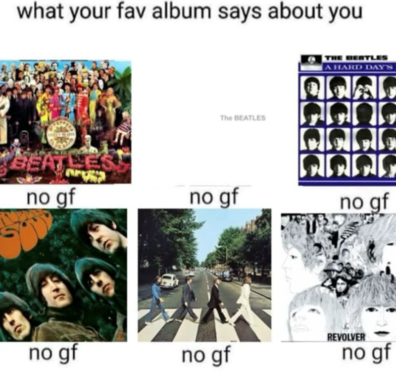 what your fav album says about you BEATLES The BEATLES THE BEATLES A HARD DAY'S CAIC MCOC CICINIC no gf no gf no gf REVOLVER no gf no gf no gf