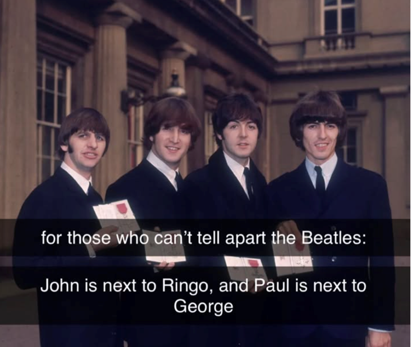 for those who can't tell apart the Beatles: John is next to Ringo, and Paul is next to George