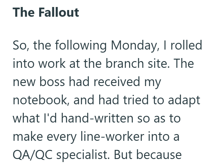 The Fallout So, the following Monday, I rolled into work at the branch site. The new boss had received my notebook, and had tried to adapt what I'd hand-written so as to make every line-worker into a QA/QC specialist. But because