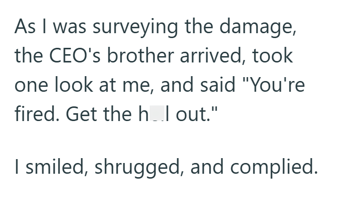 As I was surveying the damage, the CEO's brother arrived, took one look at me, and said "You're fired. Get the h..I out." I smiled, shrugged, and complied.