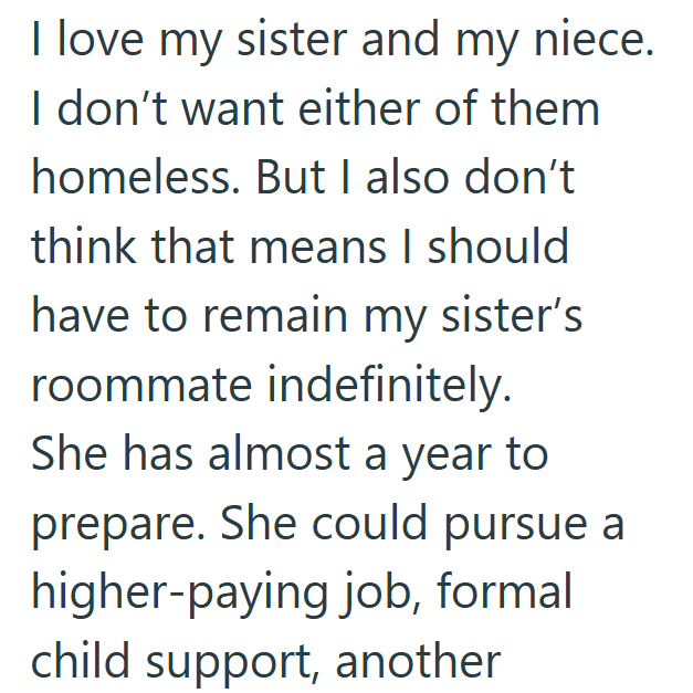 I love my sister and my niece. I don't want either of them homeless. But I also don't think that means I should have to remain my sister's roommate indefinitely. She has almost a year to prepare. She could pursue a higher-paying job, formal child support, another