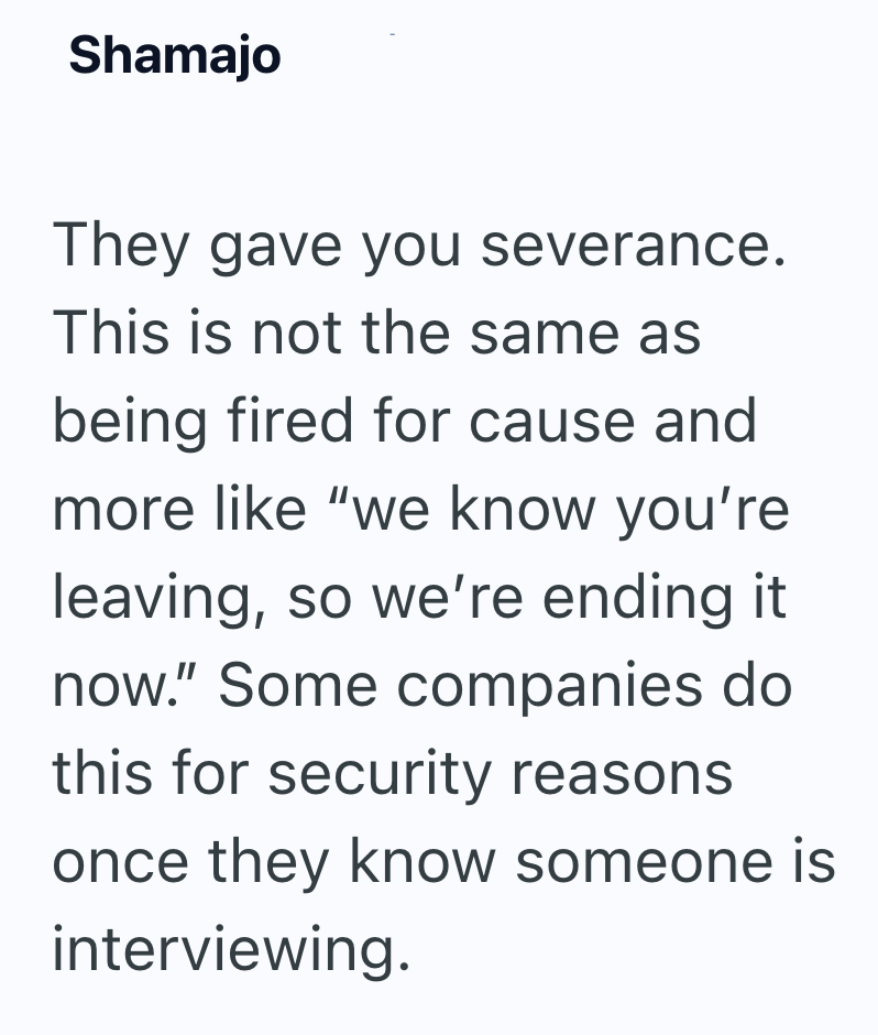 Shamajo They gave you severance. This is not the same as being fired for cause and more like "we know you're leaving, so we're ending it now." Some companies do this for security reasons once they know someone is interviewing.