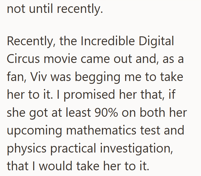 not until recently. Recently, the Incredible Digital Circus movie came out and, as a fan, Viv was begging me to take her to it. I promised her that, if she got at least 90% on both her upcoming mathematics test and physics practical investigation, that I would take her to it.