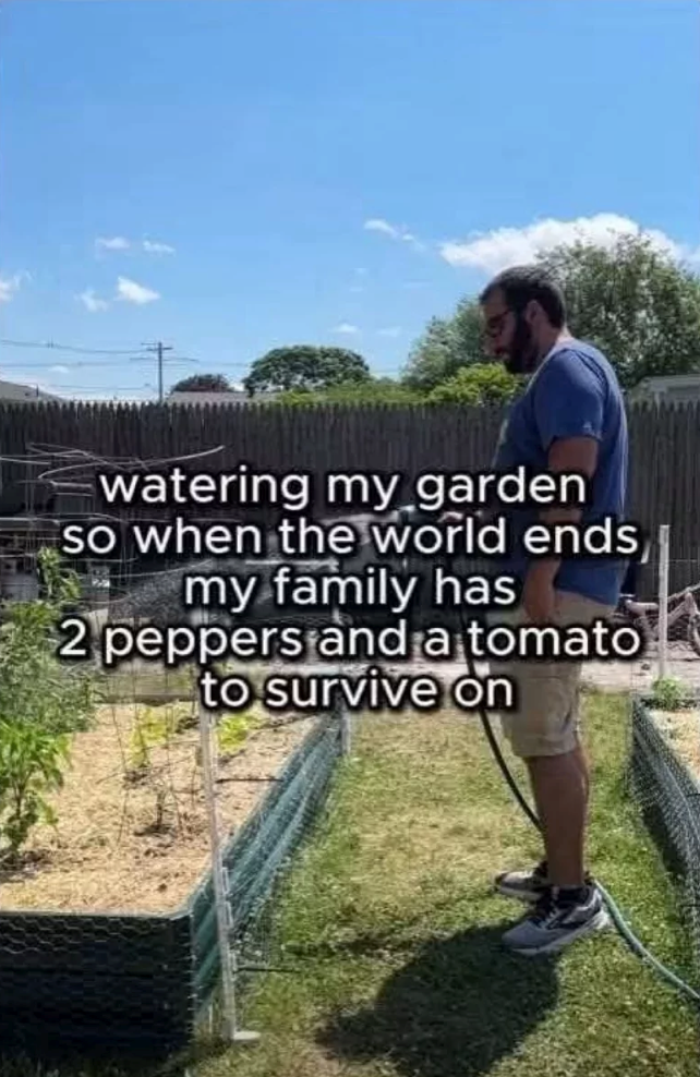 watering my garden so when the world ends my family has 2 peppers and a tomato to survive on