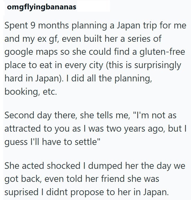 omgflyingbananas Spent 9 months planning a Japan trip for me and my ex gf, even built her a series of google maps so she could find a gluten-free place to eat in every city (this is surprisingly hard in Japan). I did all the planning, booking, etc. Second day there, she tells me, "I'm not as attracted to you as I was two years ago, but I guess I'll have to settle" She acted shocked I dumped her the day we got back, even told her friend she was suprised I didnt propose to her in Japan.