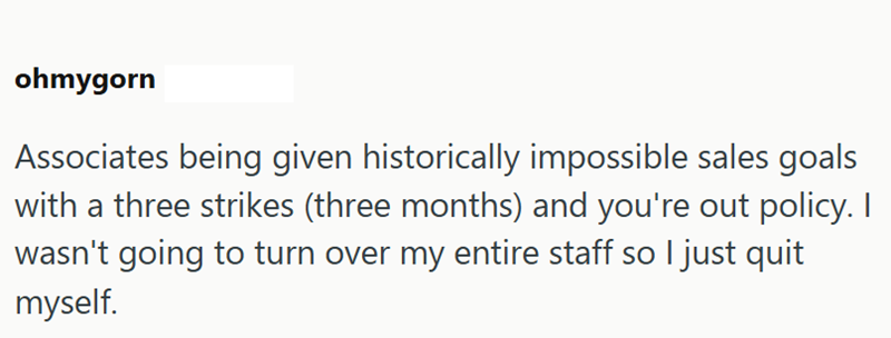 ohmygorn Associates being given historically impossible sales goals with a three strikes (three months) and you're out policy. I wasn't going to turn over my entire staff so I just quit myself.