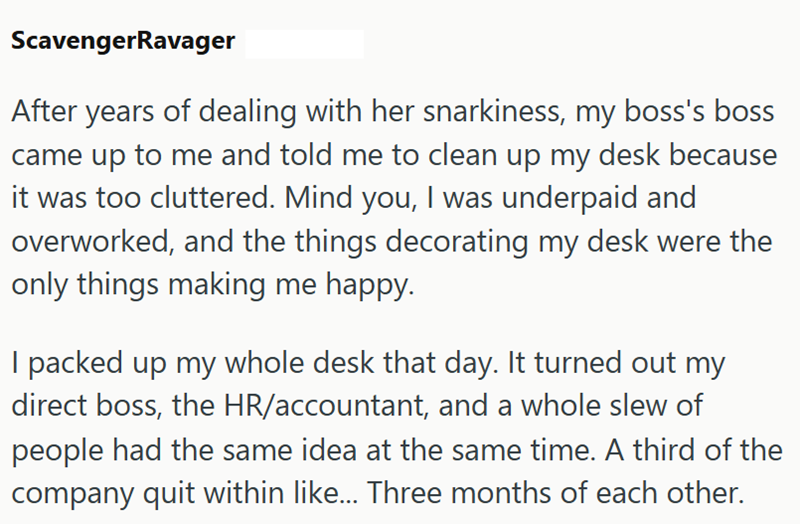 ScavengerRavager After years of dealing with her snarkiness, my boss's boss came up to me and told me to clean up my desk because it was too cluttered. Mind you, I was underpaid and overworked, and the things decorating my desk were the only things making me happy. I packed up my whole desk that day. It turned out my direct boss, the HR/accountant, and a whole slew of people had the same idea at the same time. A third of the company quit within like... Three months of each other.
