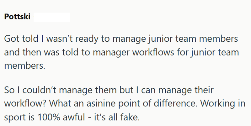 Pottski Got told I wasn't ready to manage junior team members and then was told to manager workflows for junior team members. So I couldn't manage them but I can manage their workflow? What an asinine point of difference. Working in sport is 100% awful - it's all fake.