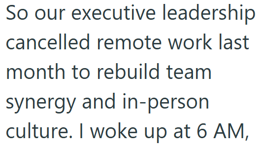 So our executive leadership cancelled remote work last month to rebuild team synergy and in-person culture. I woke up at 6 AM,