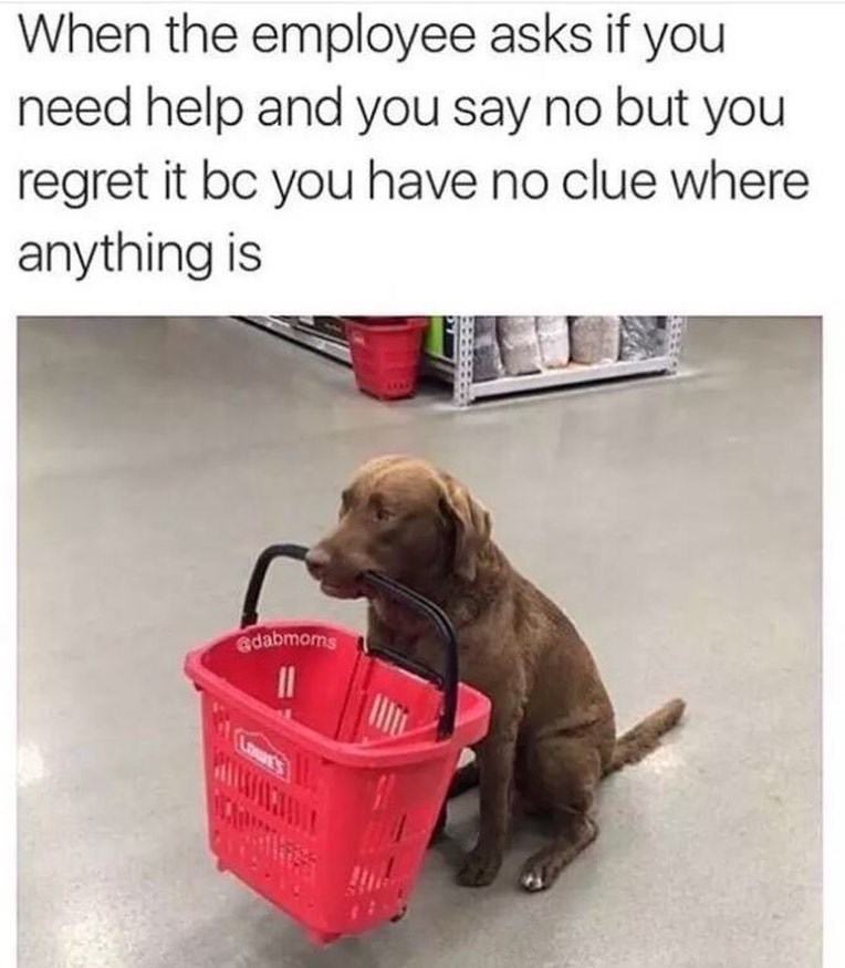 When the employee asks if you need help and you say no but you regret it bc you have no clue where anything is adabmoms